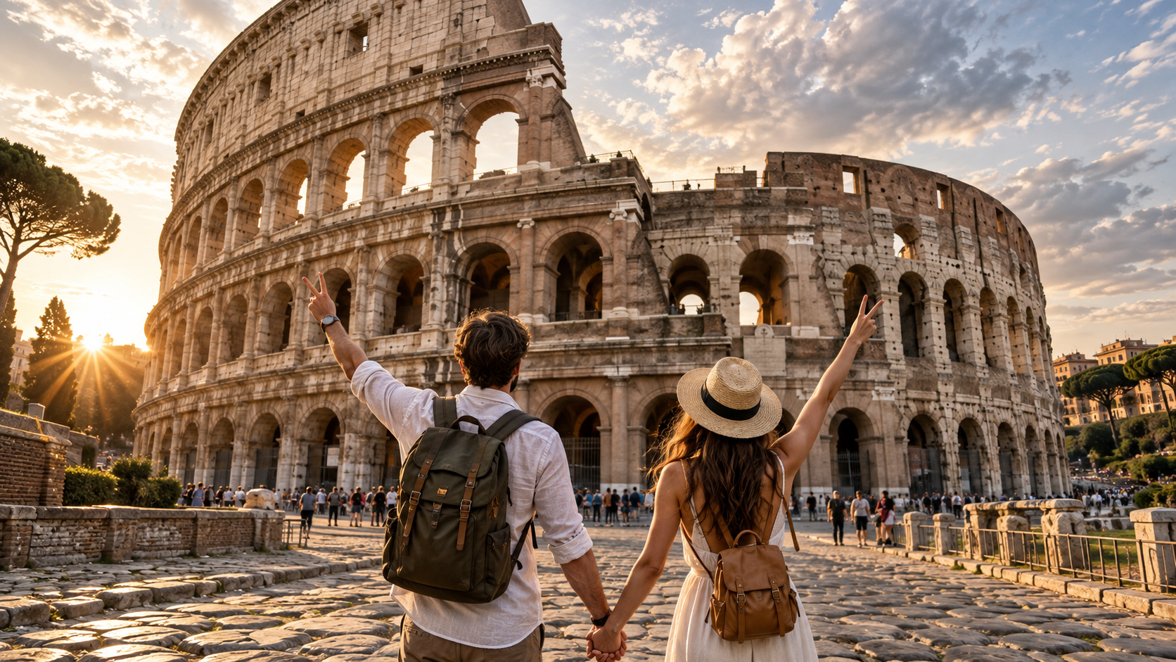 Viajeros frente al Coliseo de Roma al atardecer